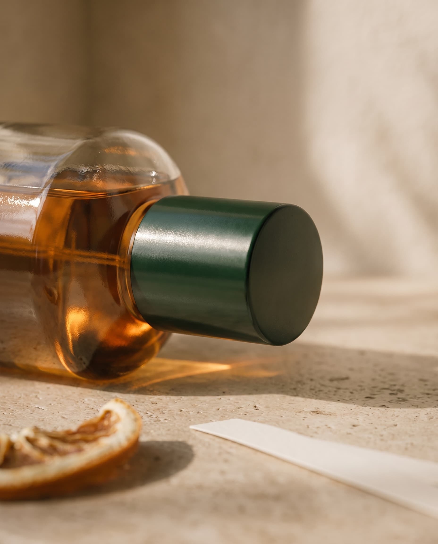 Macro shot of a forest-green perfume bottle cap catching warm light beside dried citrus peel and a fragrance test strip