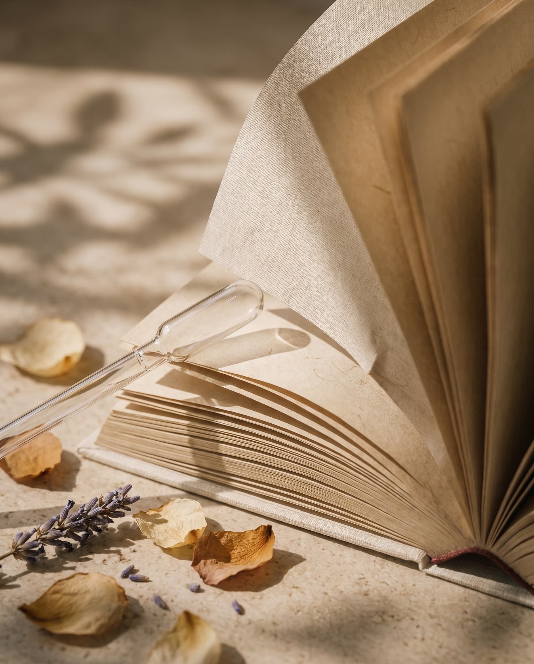 Macro shot of the field manual’s pages fanned open with a glass pipette and dried rose petals and lavender