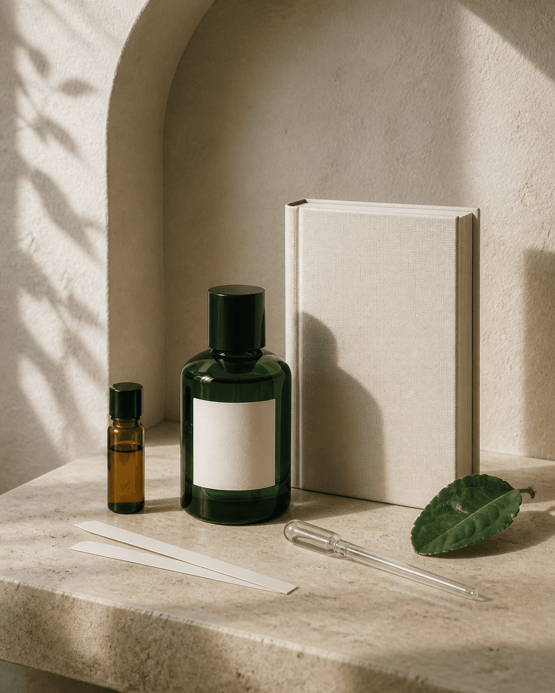 A forest-green perfume bottle, perfumery field manual, amber vial, scent strips and glass pipette arranged on a limestone workbench